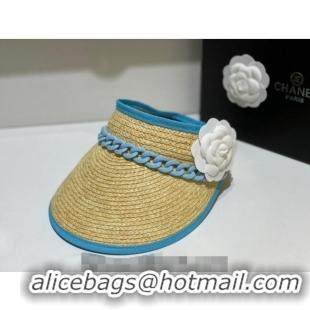 New Design Chanel Visor Straw Hat wit Chain and Camellia Bloom C1624 Blue 2023