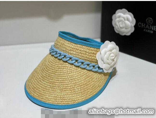 New Design Chanel Visor Straw Hat wit Chain and Camellia Bloom C1624 Blue 2023