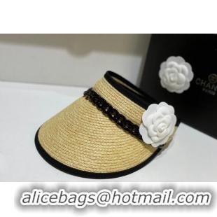 Pretty Style Chanel Visor Straw Hat wit Chain and Camellia Bloom C1624 Black 2023