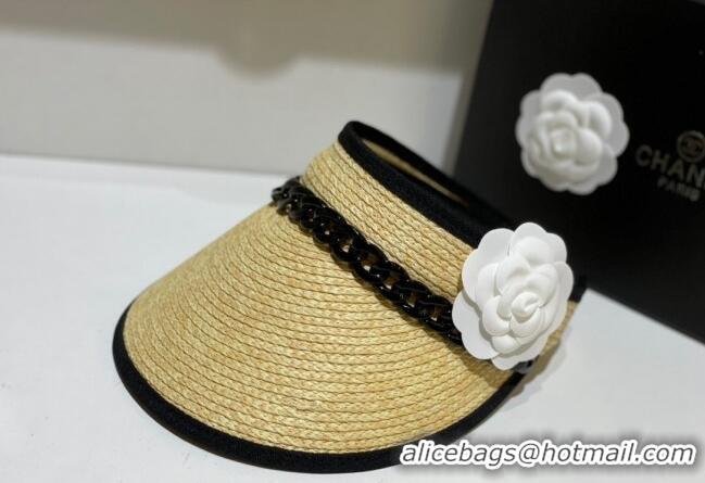 Pretty Style Chanel Visor Straw Hat wit Chain and Camellia Bloom C1624 Black 2023