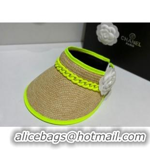 Well Crafted Chanel Visor Straw Hat wit Chain and Camellia Bloom C1624 Neon Green 2023