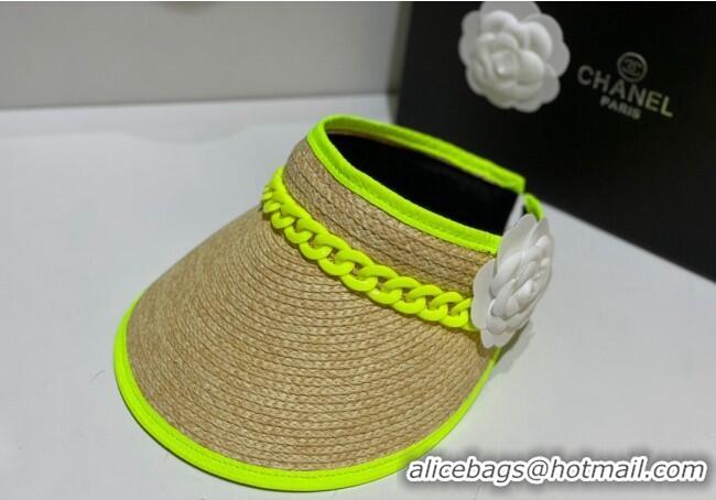 Well Crafted Chanel Visor Straw Hat wit Chain and Camellia Bloom C1624 Neon Green 2023