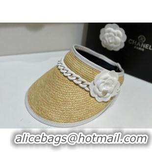 Cheap Chanel Visor Straw Hat wit Chain and Camellia Bloom C1624 White 2023