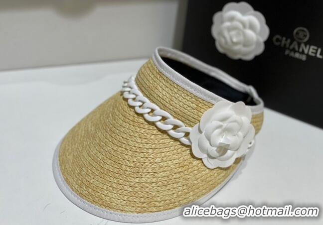 Cheap Chanel Visor Straw Hat wit Chain and Camellia Bloom C1624 White 2023