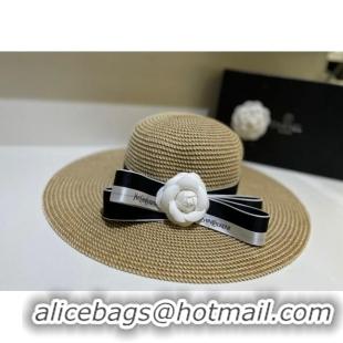 Noble Useful Chanel Wide Brim Straw hat with Camellia Bloom C0216 Khaki 2023