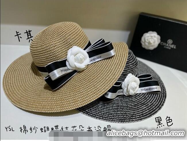 Noble Useful Chanel Wide Brim Straw hat with Camellia Bloom C0216 Khaki 2023