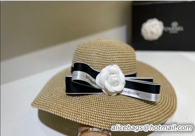 Noble Useful Chanel Wide Brim Straw hat with Camellia Bloom C0216 Khaki 2023