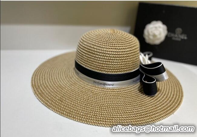 Noble Useful Chanel Wide Brim Straw hat with Camellia Bloom C0216 Khaki 2023