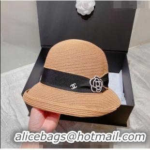 Luxury Cheap Chanel Bucket Straw Hat 021637 Khaki 2023