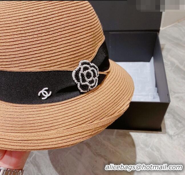 Luxury Cheap Chanel Bucket Straw Hat 021637 Khaki 2023