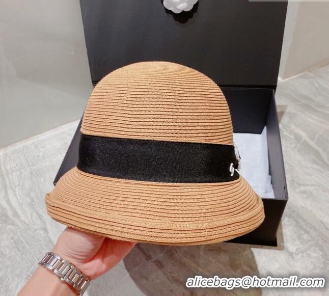 Luxury Cheap Chanel Bucket Straw Hat 021637 Khaki 2023