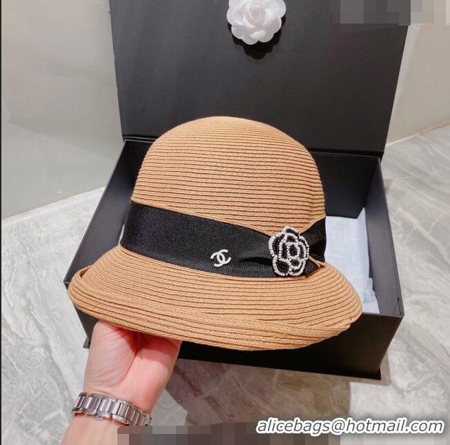 Luxury Cheap Chanel Bucket Straw Hat 021637 Khaki 2023