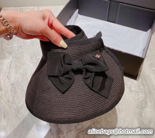 Super Quality Chanel Visor Straw Hat with Bow C0216 Black 2023