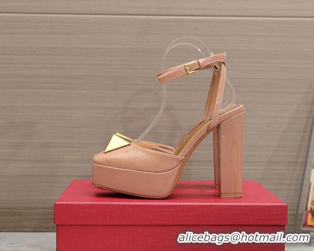 Grade Valentino One Stud Patent Leather High Heel Platform Open Pumps 13cm Nude 112973