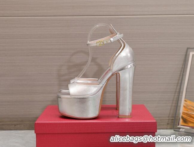 Best Price Valentino Metallic Leather High Heel Platform Sandals 15.5cm Silver 112974