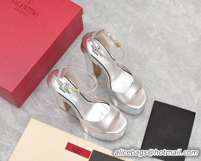 Best Price Valentino Metallic Leather High Heel Platform Sandals 15.5cm Silver 112974