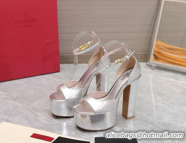 Best Price Valentino Metallic Leather High Heel Platform Sandals 15.5cm Silver 112974