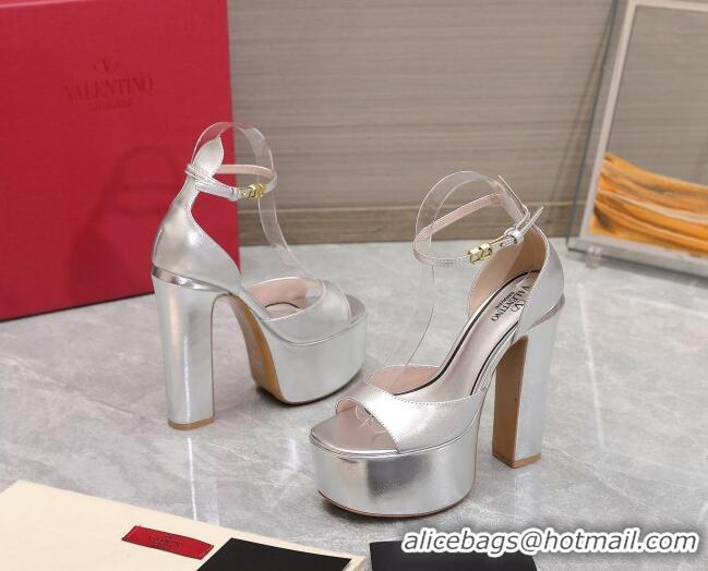 Best Price Valentino Metallic Leather High Heel Platform Sandals 15.5cm Silver 112974