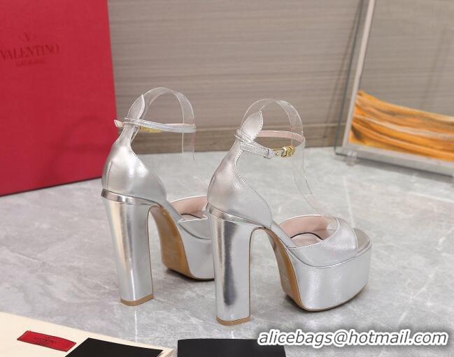 Best Price Valentino Metallic Leather High Heel Platform Sandals 15.5cm Silver 112974