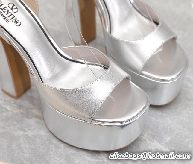 Best Price Valentino Metallic Leather High Heel Platform Sandals 15.5cm Silver 112974