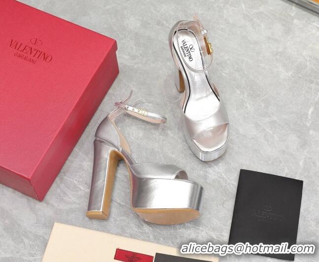 Best Price Valentino Metallic Leather High Heel Platform Sandals 15.5cm Silver 112974