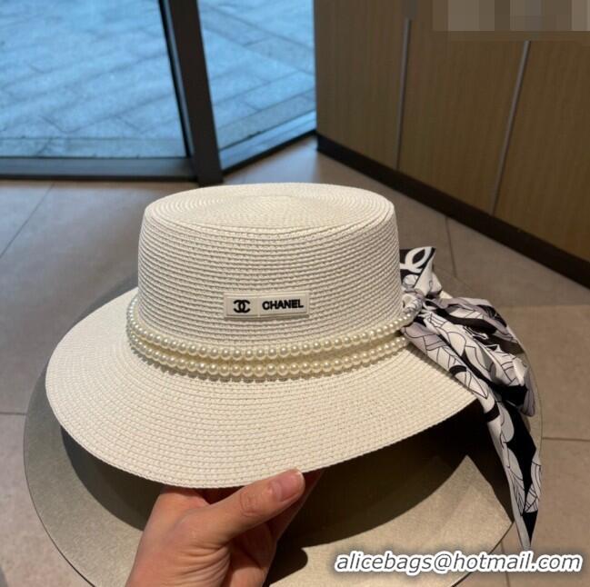 Unique Discount Chanel Straw Hat with Pearl CH22710 White 2023