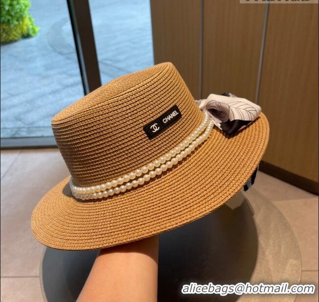 Famous Brand Chanel Straw Hat with Pearl CH22708 Brown 2023