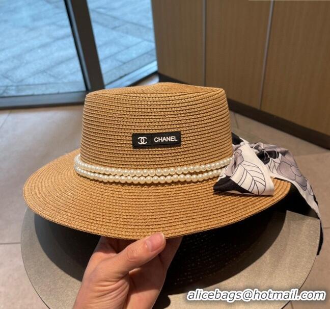 Famous Brand Chanel Straw Hat with Pearl CH22708 Brown 2023