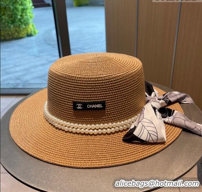 Famous Brand Chanel Straw Hat with Pearl CH22708 Brown 2023