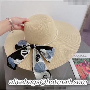 Well Crafted Chanel Straw Wide Brim Hat with Pearls Band 0307 Beige 2023