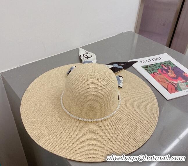 Well Crafted Chanel Straw Wide Brim Hat with Pearls Band 0307 Beige 2023