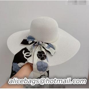 Buy New Cheap Chanel Straw Wide Brim Hat with Pearls Band C0307 White 2023