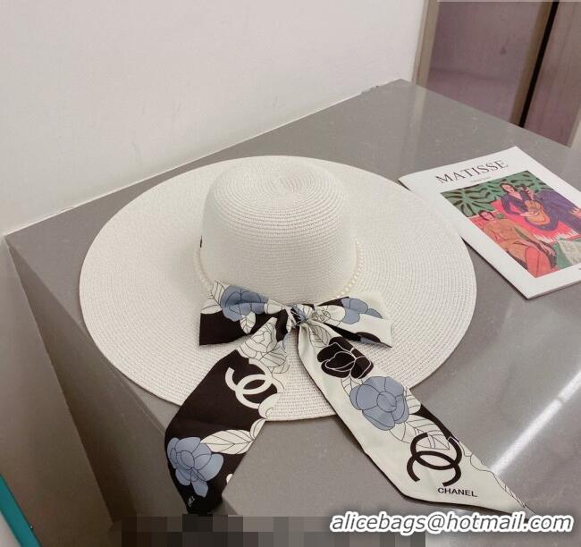 Buy New Cheap Chanel Straw Wide Brim Hat with Pearls Band C0307 White 2023