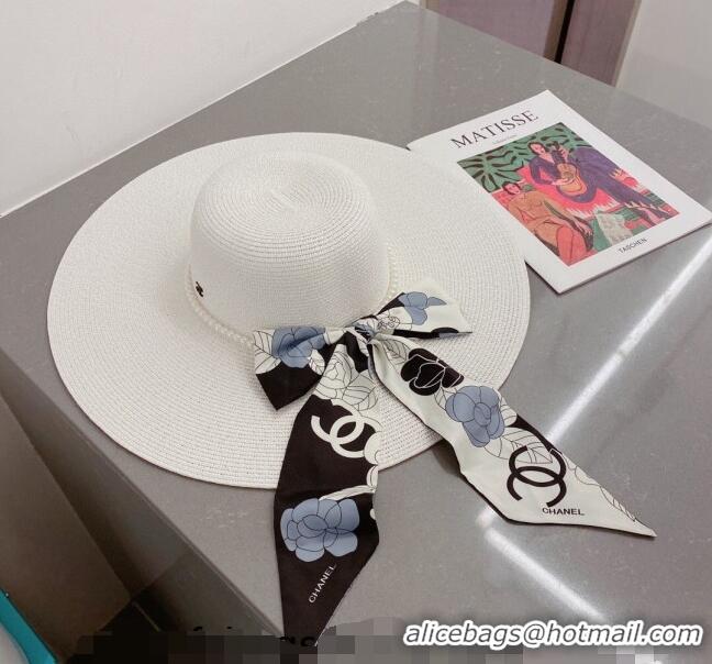 Buy New Cheap Chanel Straw Wide Brim Hat with Pearls Band C0307 White 2023