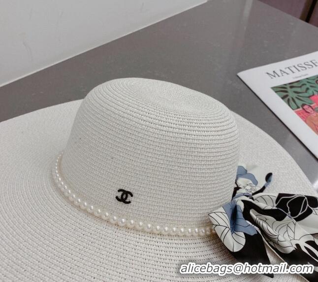 Buy New Cheap Chanel Straw Wide Brim Hat with Pearls Band C0307 White 2023