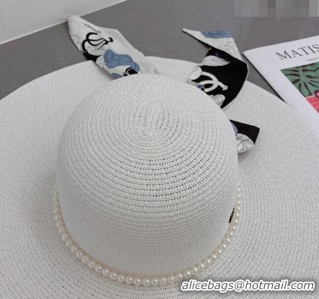 Buy New Cheap Chanel Straw Wide Brim Hat with Pearls Band C0307 White 2023