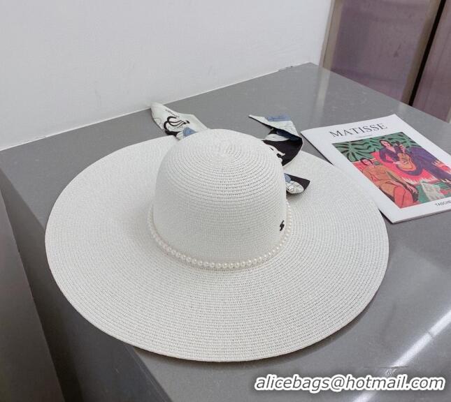 Buy New Cheap Chanel Straw Wide Brim Hat with Pearls Band C0307 White 2023