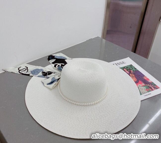 Buy New Cheap Chanel Straw Wide Brim Hat with Pearls Band C0307 White 2023