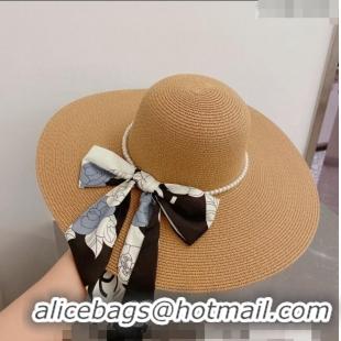 Most Popular Chanel Straw Wide Brim Hat with Pearls Band 0307 Khaki 2023