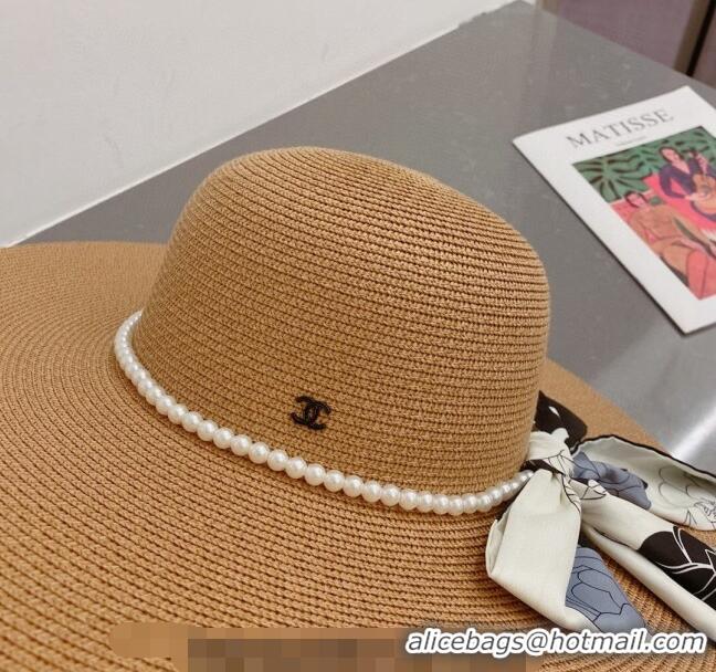 Most Popular Chanel Straw Wide Brim Hat with Pearls Band 0307 Khaki 2023