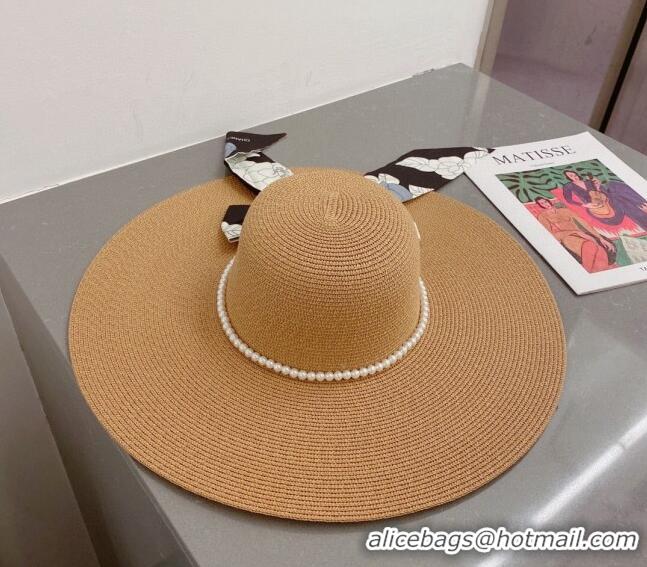 Most Popular Chanel Straw Wide Brim Hat with Pearls Band 0307 Khaki 2023