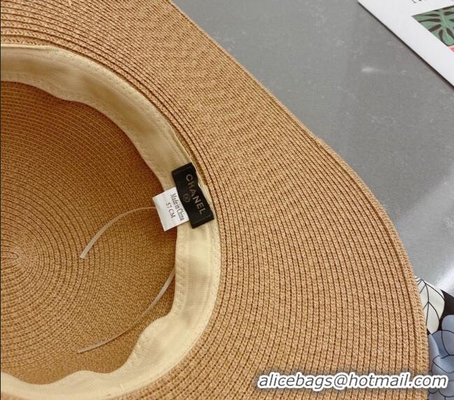 Most Popular Chanel Straw Wide Brim Hat with Pearls Band 0307 Khaki 2023