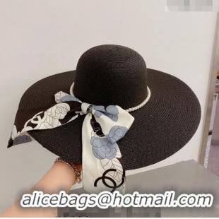 Best Quality Chanel Straw Wide Brim Hat with Pearls Band C0307 Black 2023