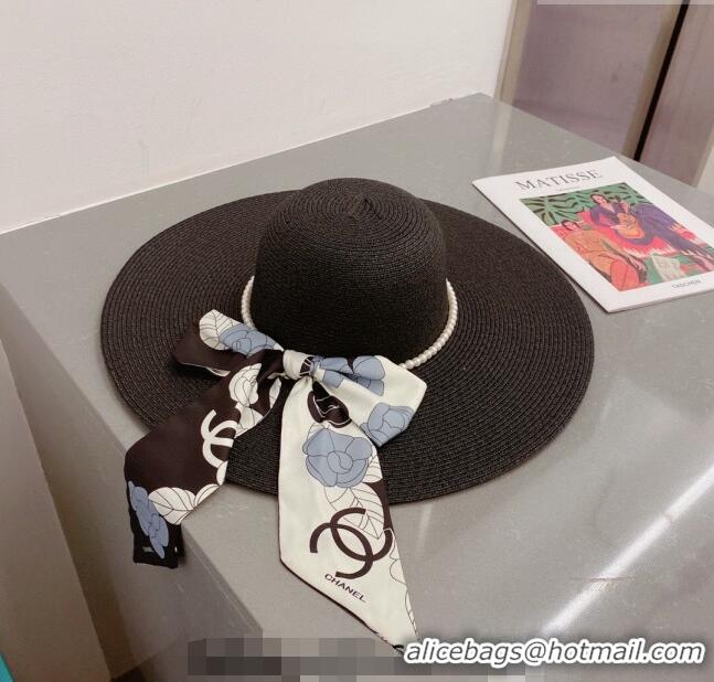 Best Quality Chanel Straw Wide Brim Hat with Pearls Band C0307 Black 2023