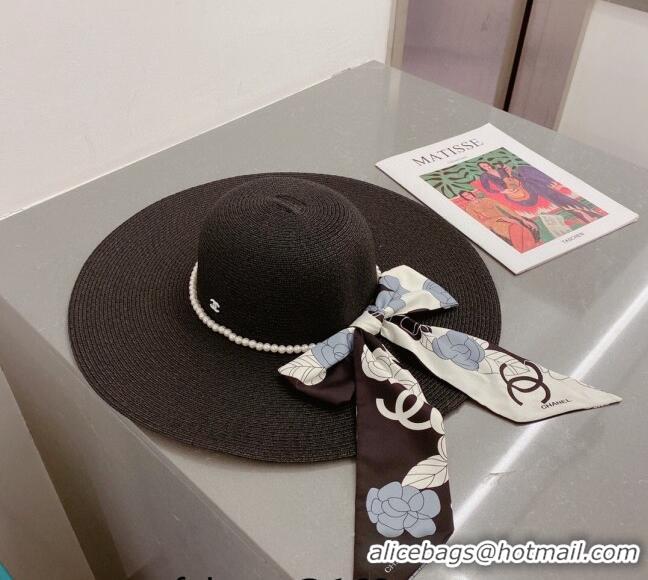 Best Quality Chanel Straw Wide Brim Hat with Pearls Band C0307 Black 2023