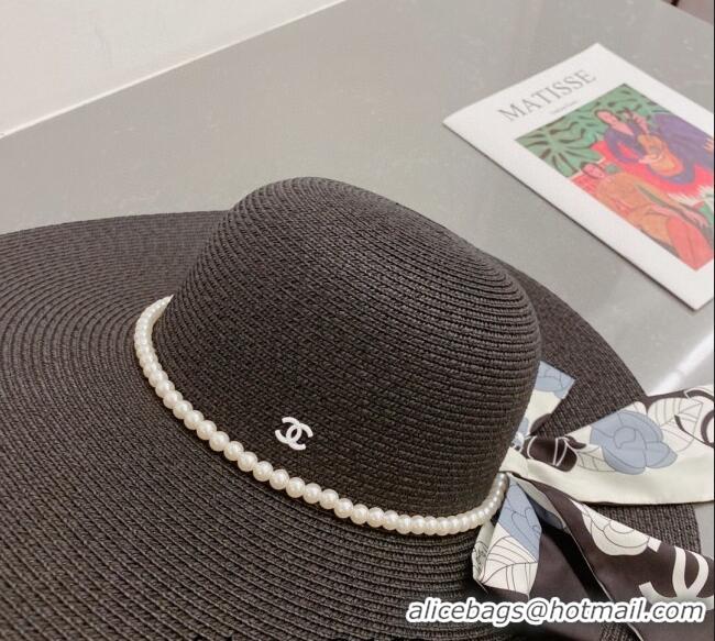 Best Quality Chanel Straw Wide Brim Hat with Pearls Band C0307 Black 2023