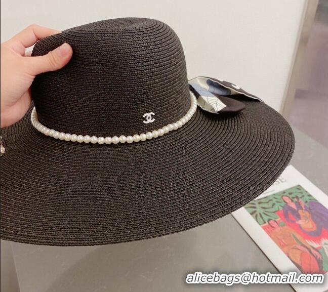 Best Quality Chanel Straw Wide Brim Hat with Pearls Band C0307 Black 2023