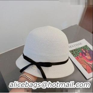 Top Quality Chanel Straw Bucket Hat with CC Bow 030806 White 2023