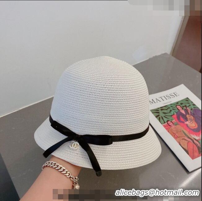 Top Quality Chanel Straw Bucket Hat with CC Bow 030806 White 2023