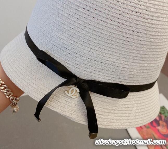 Top Quality Chanel Straw Bucket Hat with CC Bow 030806 White 2023